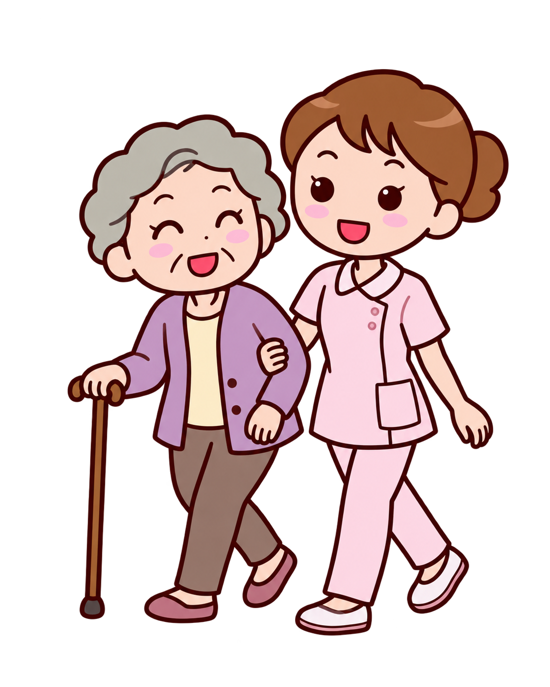 看護師が杖を持つご高齢の方に寄り添って歩くイラスト